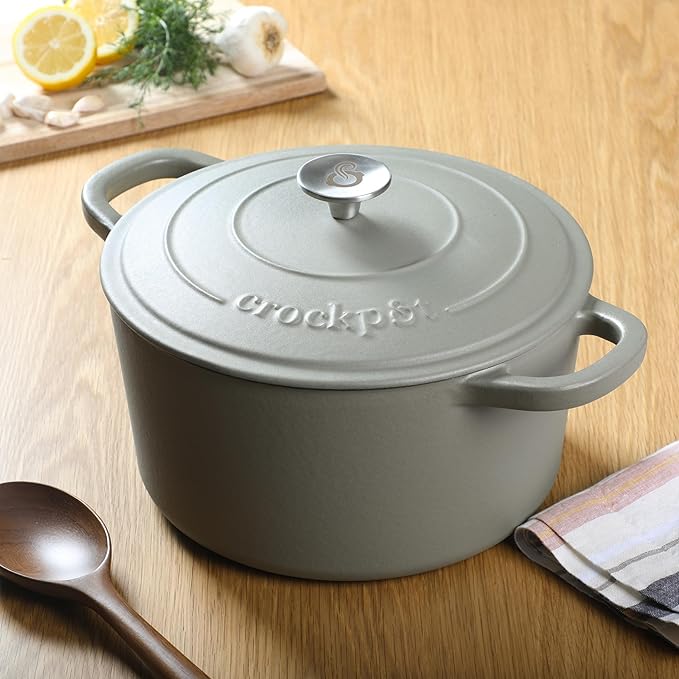 Crock-Pot Artisan 5-Quart Round Cast Iron Dutch Oven with Lid – Matte Green, Durable Oven Safe Cookware