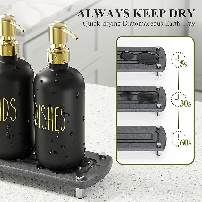 Cisily Kitchen Soap Dispenser Set Comes with Ceramics Sponge Holder, Gold Pumps, and Instant Dry Tray, Hand and Dish Soap Dispenser Set (4, Gold + Black + Sponge Holder)