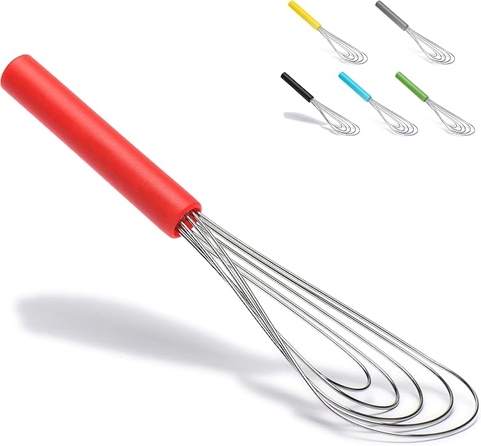 Flat Whisk Silicone Handle Non Slip 10" - 5 Wires Whisk with 10 Heads for Kitchen Cooking Color Red by Jell-Cell