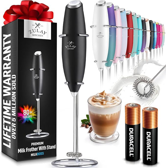 Zulay Kitchen Powerful Milk Frother Wand With 2 Duracell Batteries - Ultra Fast Handheld Drink Mixer - Electric Whisk Foam Maker for Coffee, Lattes, Cappuccino, Matcha, Hot Chocolate & Creamer - Black