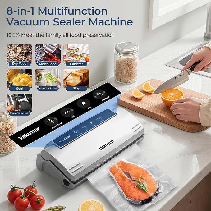 Upgraded Vacuum Sealer Machine for Food, 8 in 1 Food Sealer Vacuum Sealer with Powerful Suction, Dry & Moist Modes, Sous Vide Compatible, Included Car Charger(In-vehicle use)