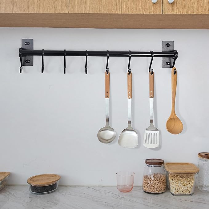 Dseap Kitchen Utensil Holder Hanger, Pot and Pan Rack Wall Mounted, Kitchen Rail with 8 Hooks for Hanging Cooking Utensils, Mugs, Spoons, Wall Mounted, Black, Pack of 2