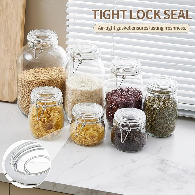 ODBCYWM 34oz Glass Food Storage Jars with Airtight Lids, Set of 4 – Clear Preserving Seal Wire Clip Fastening Canisters for Kitchen Canning, Flour, Cereal, Pasta, Sugar, Beans, Pickling Jars (34oz*4)