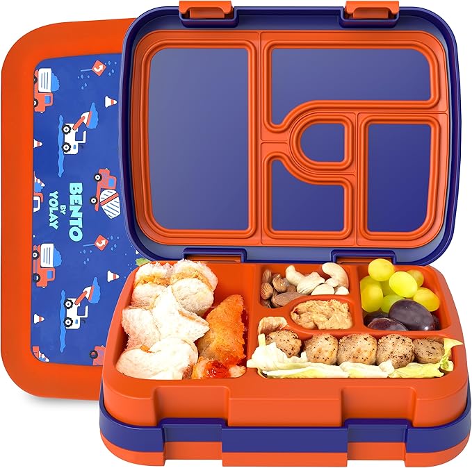 YOLAY Bento Box for Kids Lunch Box Leak-Proof, 5-Compartment Lunch Box Kids for Ages 3-10, Durable with Anti-Slip Base, Suitable for Schools, Outdoor and Travel (Trucks)