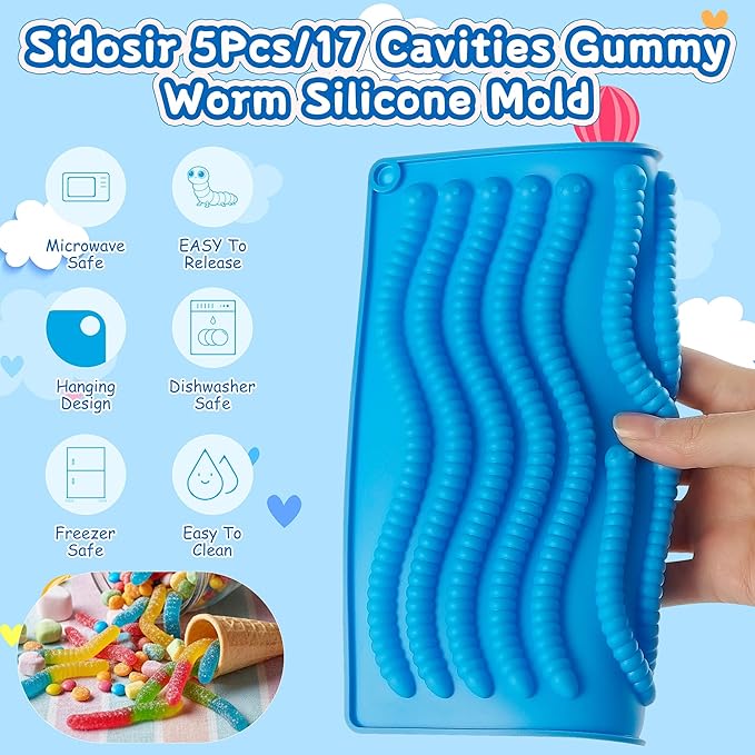Sidosir 7Pcs Silicone Gummy Worm Chocolate Molds, Non-Stick Worm Chocolate Mold for Parties, Gummy for Home DIY, Silicone Mold for Make Gummies