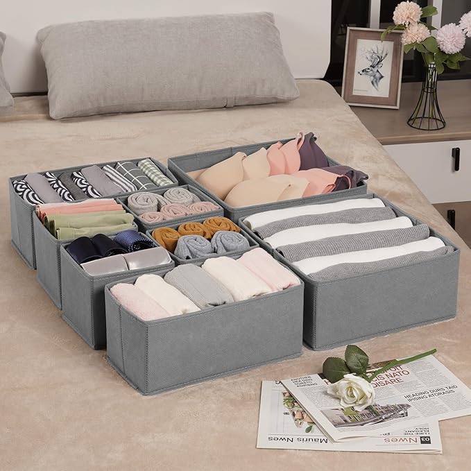 Criusia Drawer Organizer Clothes, 24 Pack Underwear Drawer Organizers, Foldable Closet Organizers and Storage Dresser Drawer Dividers Clothing Organizer for Clothes, Socks, Scarves, Bra, Ties (Grey)