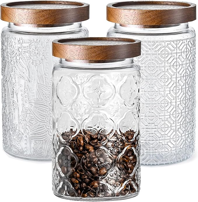 Adodeen 3-Pack 32oz Glass Jar With Airtight Lid,Kitchen Canisters For Countertop,Coffee Sugar Container Set,Pantry Glass Storage Containers For Flour,Candy,Loose Tea,Snack jar