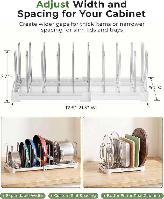 EVERIE Adjustable Bakeware Organizer Pot Lid Holder Rack for Pots, Cake Molds, Cutting Boards, Mats, Cookware, GS02SS, Pack of 2