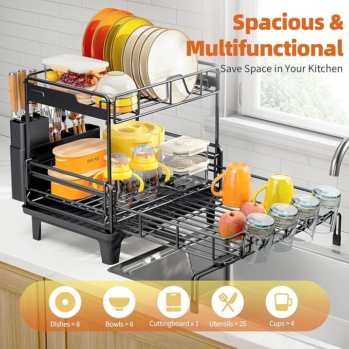 Urackify Dish Drying Rack - Extendable Dish Drainer, Large Dish Rack for Kitchen Counter, Rustproof Dish Strainer with Utensil Holder and Cups Holder, 2 Tier Black