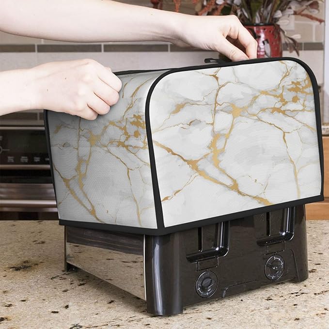 Toaster Cover 4 Slice White Gold Marble Abstract Kitchen Small Appliance Covers with Pockets Dust and Fingerprint Protection