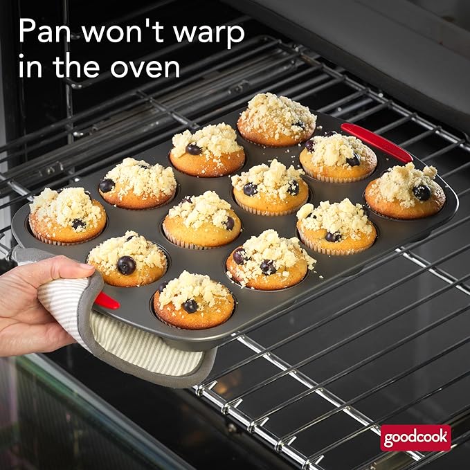 GoodCook MegaGrip 12-Cup Muffin Pan with Silicone Grip Handles Perfect for Cupcakes Durable Heavy-Gauge Steel Construction Scratch-Resistant Nonstick Coating, 15.5x10.5-Inch, Gray