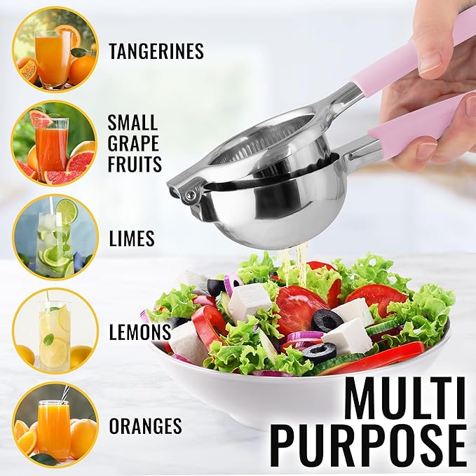 Zulay Kitchen Lemon Squeezer Stainless Steel with Premium Heavy Duty Solid Metal Squeezer Bowl and Food Grade Silicone Handles - Large Manual Citrus Press Juicer and SS Lime Squeezer (Pink)