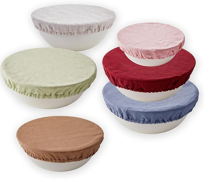 100% Pure Linen Bowl Covers For Bread Proofing, 4 Pcs Elastic Reusable Solid Color Cloth Fabric Bowl Covers,XL Organic Washable Large Stretch Sourdough Lids 6 * 8 * 10 * 12 Inches, Red