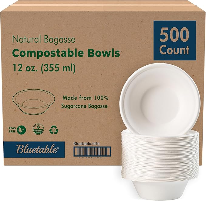 Paper Bowls Disposable Bowls Compostable [500 Pack] Bulk 12 oz Biodegradable Bowl - Case Pack Good For Hot Soup Chili - Made from 100% Sugarcane, Eco Friendly Bagasse Bowls Natural [500 Pack/Case]