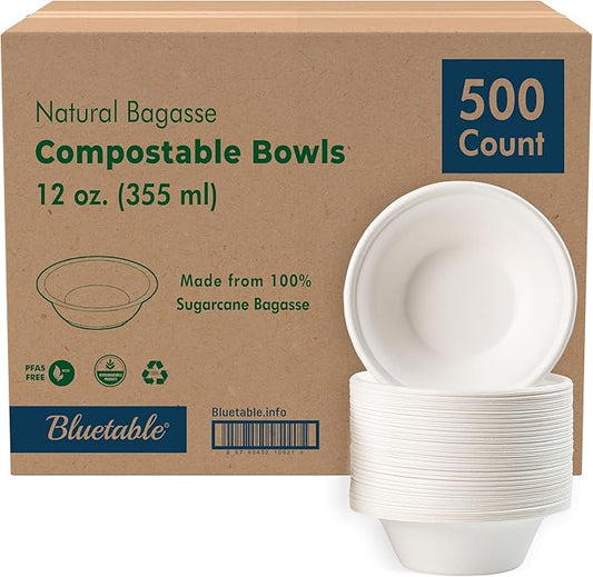 Paper Bowls Disposable Bowls Compostable [500 Pack] Bulk 12 oz Biodegradable Bowl - Case Pack Good For Hot Soup Chili - Made from 100% Sugarcane, Eco Friendly Bagasse Bowls Natural [500 Pack/Case]
