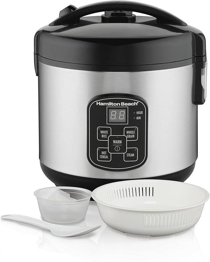 Hamilton Beach Slow Cooker & Digital Programmable Rice Cooker & Food Steamer, 8 Cups Cooked (4 Uncooked), With Steam & Rinse Basket, Stainless Steel (37518)