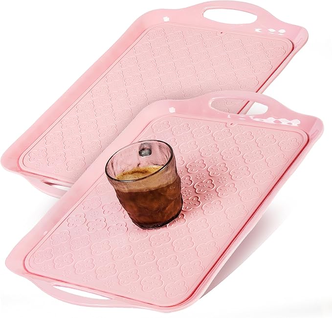 LEHAHA Large Non Slip Serving Tray with Handles, 17.25 x 12 Inch Melamine Serving Platter with Curved Sides, Dinner Tray for Lunch, Coffee, or Breakfast, 4pcs Set, Silicone placemats Included,Pink