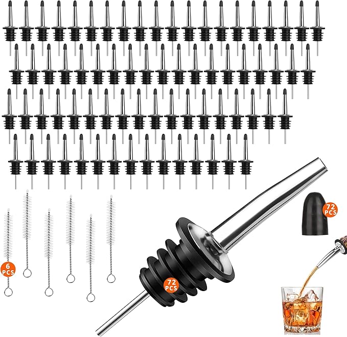72 PACK Femilkt Liquor Pour Spout With Dust Caps,Stainless Steel Pourers Spouts for Liquor Bottles,Bottle Pourers for Alcohol, Olive Oil - Speed Pourers, Bar Bartender Accessories