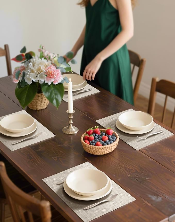 Leetaltree Beige White Placemats Set of 16 - Heat Resistant Non-Slip Place mats for Dining Table, Washable Durable PVC Vinyl Woven Table Mats(Beige White, 16)