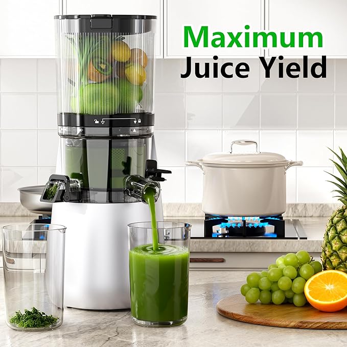 Cold Press Juicer, 6" Extra Large Feed Chute Slow Masticating Juicer Machines, Powerful AC Brushless Motor, Self Precut System, Juicer Machines with BPA-Free, Extra one Replace juicer strainer