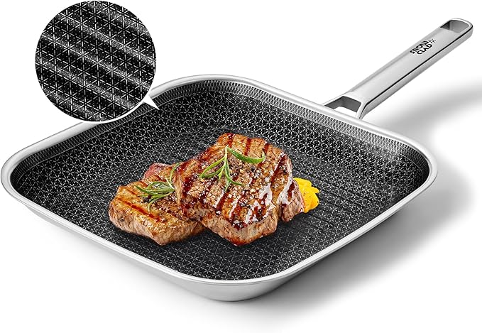 Nonstick Grill Pan,12 Inch Square Steak Grilling Pan for Indoor Cooking & Outdoor Grilling, Non Stick Stainless Steel Grill Skillet Steak Pan, PFOA Free cookware