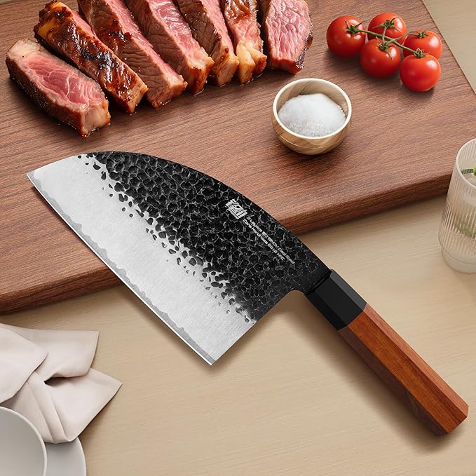 FINDKING Serbian Chef Knife with Leather Sheath, 6.5 Inch High Carbon Steel Cleaver Knife, Hammered Blade, Octagonal Handle, for Meat, Vegetables, Poultry and Light Bones, Dynasty Series
