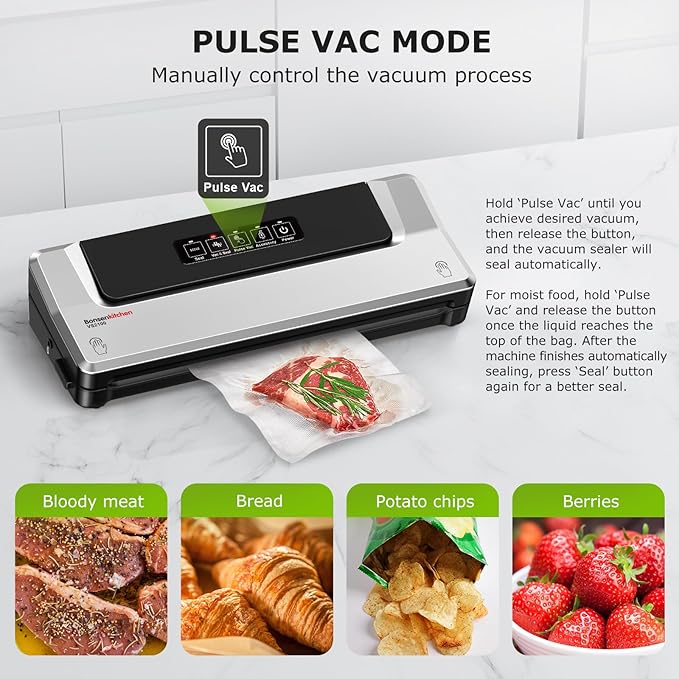 Bonsenkitchen Vacuum Sealer Machine with Mason Jar Sealer Kit | Compact Food Sealer for Kitchen Storage & Meal Prep | Multiple Modes | External Vacuum System & 40 Vacuum Bags, Silver