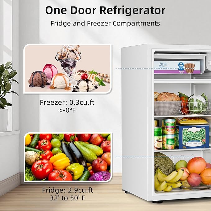Antarctic Star 3.2 Cu.Ft.Compact Refrigerator with Freezer, Mini Fridge Single Door with Adjustable Thermostat,Removable Glass Shelves for Apartment,Dorm,Office,Kitchen，WHITE