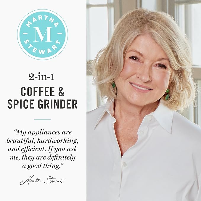 Martha Stewart Electric Coffee & Spice Grinder, Dual 2.5oz Removable Bowls, Storage Lids, Stainless Steel Blades, One Touch Pulse Control, 2-in-1 Compact, Beans & Spices, Herbs & Nuts, Sky Blue