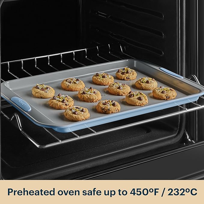 Pyrex (3-Piece) Metal Cookie Sheet Bakeware Set, Lightweight Stainless Steel Baking Trays with Heatsafe Silicone Handles, Cookie Sheet Baking Pan, Cerulean
