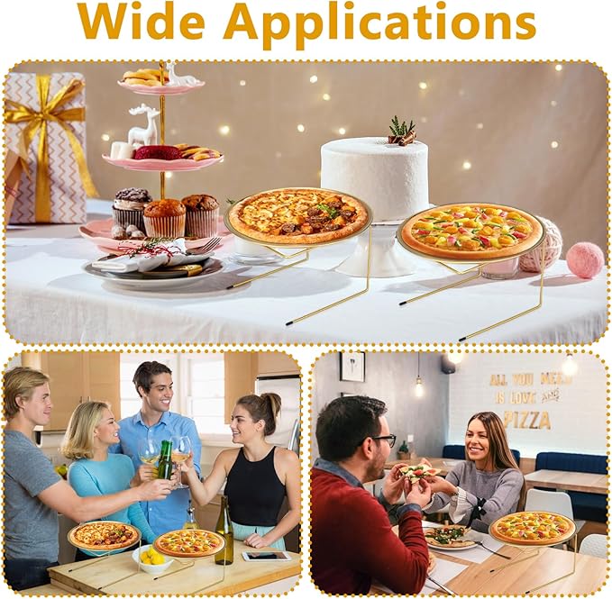 12 Pcs Pizza Pan Riser Stands Sets Includes 4 Metal Pizza Table Stands 4 Pizza Pan and 4 Wood Handle Pie Server, Pizza Rack Stand Pizza Tray for Pizza Dessert Cheese (Gold)