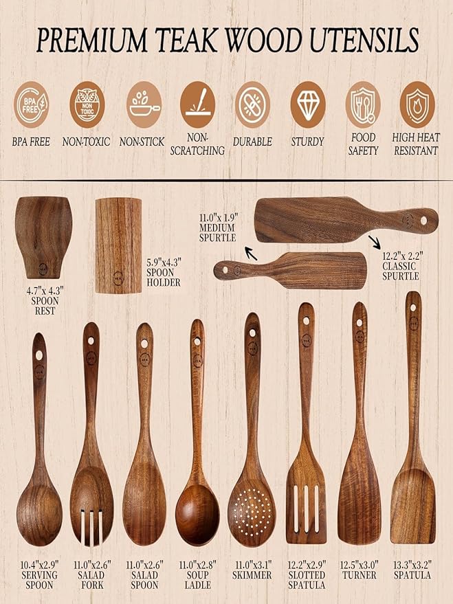 Natural Teak Wood Kitchen Utensil Set - 12 Piece Cooking Spoons & Spatulas with Large Spoon Holder & Rest, Non-Stick Heat Resistant Wooden Tools, Food-Safe Eco-Friendly Organizer