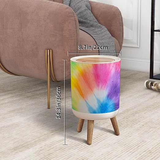 Trash Can with Lid Dye Shibori Trendy Aquarelle Dye Colorful Dye Fabric Press Top Round Small Garbage Bin with Wooden Legs Waste Basket for Kitchen Bedroom Nursery 7L/1.8 Gallon