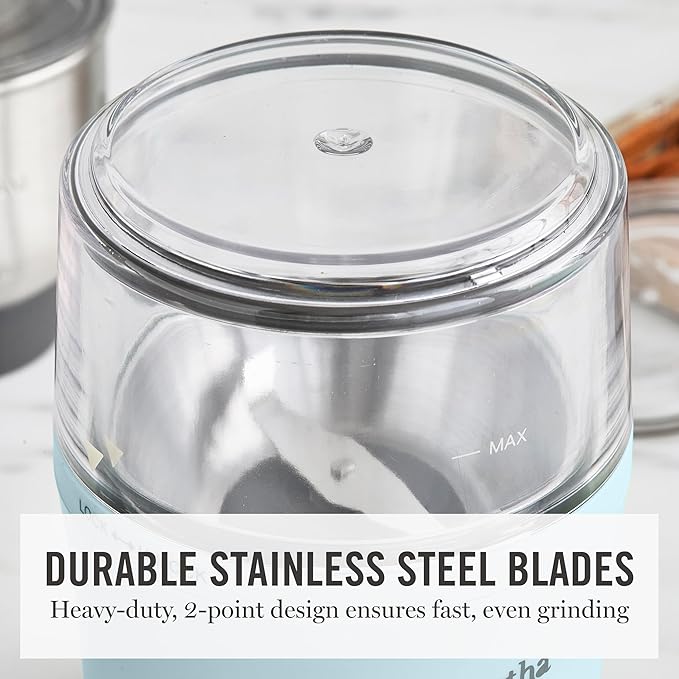 Martha Stewart Electric Coffee & Spice Grinder, Dual 2.5oz Removable Bowls, Storage Lids, Stainless Steel Blades, One Touch Pulse Control, 2-in-1 Compact, Beans & Spices, Herbs & Nuts, Sky Blue