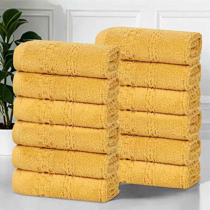 Superior Playa Zero Twist Cotton Medium Weight Small Towels, for Kitchen, Bathroom, Shower, Spa, Plush, Quick Dry, Ultra-Soft Essentials, Waffle Textured, Face Towels Washcloths, Set of 12, Gold