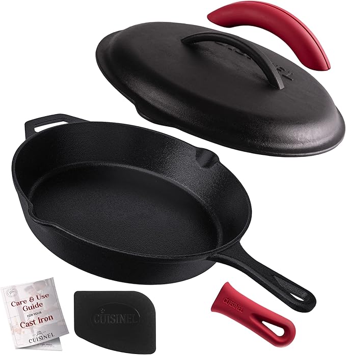 Cuisinel Cast Iron Skillet with Lid - 12"-inch Pre-Seasoned Covered Frying Pan Set + Silicone Handle & Lid Holders + Scraper/Cleaner - Indoor/Outdoor, Oven, Stovetop, Camping Fire, Grill Safe Cookware