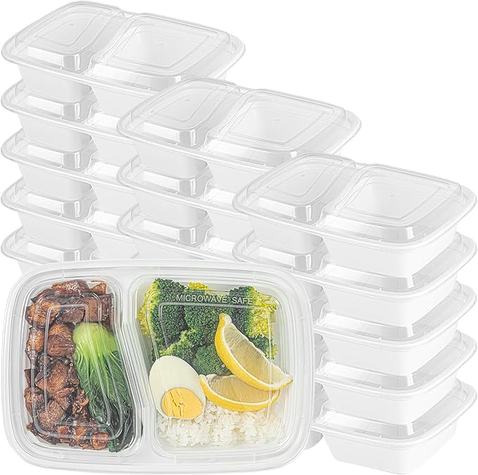 Restaurantware Asporto 32 Ounce Compartment Take Out Boxes 100 Microwavable Meal Prep Containers - 2 Compartments With Clear Plastic Lids White Plastic Food Containers Do Not Contain BPA