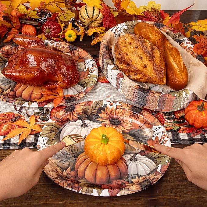 WDF 50Pack Thanksgiving Paper Plates - 10" x 12" Heavy Duty Pumpkin Paper Plates Disposable for Thanksgiving/Fall Party