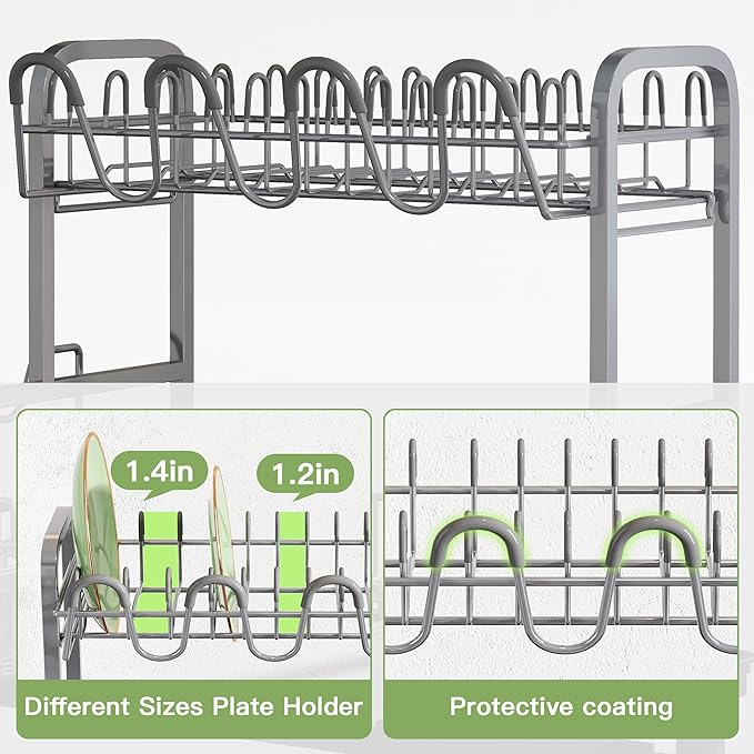 romision 2 Tier Compact Stainless Steel Dish Drainers Drying Rack for Kitchen Counter, Space Saving, Rust Proof Plate Strainers Holder On Countertop with Drainboard, Modern Gray, Small