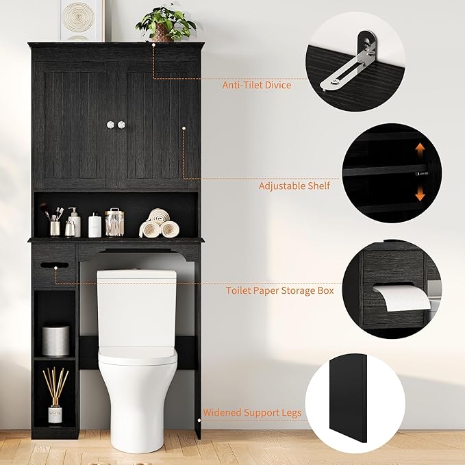 IDEALHOUSE 23.6 Inches Wide Toilet Rack with Over The Toilet Storage Cabinet, Bathroom Shelf Organizer with Anti-Tip Device, Small Freestanding Space Saver with Adjustable Shelf (Black 30" W)