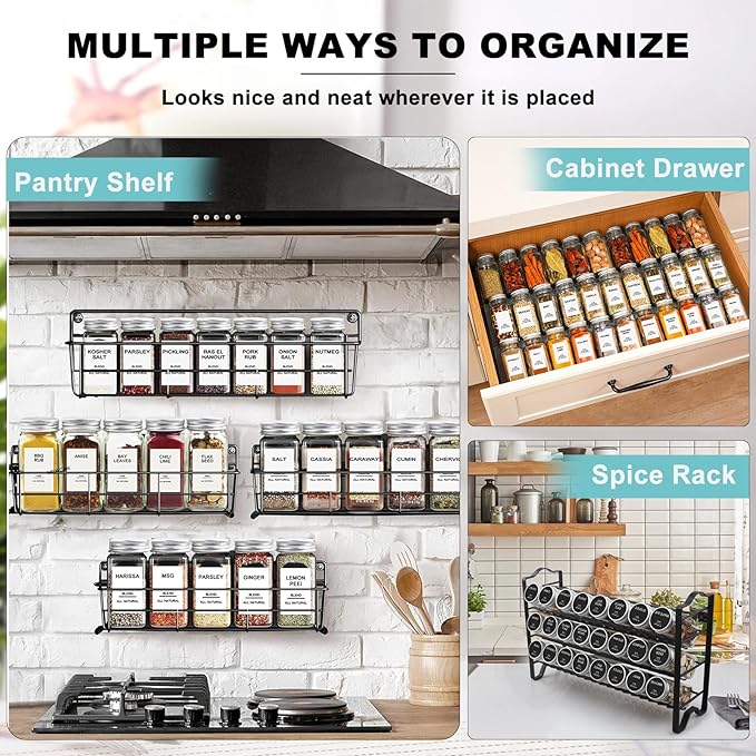 AISIPRIN 24 Pcs Glass Spice Jars with Labels, 4oz Small Empty Square Seasoning Containers Bottles - Shaker Lids, Funnel, Brush,469 Labels and Marker Included