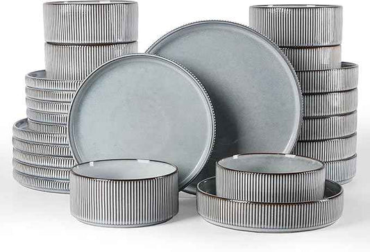 Famiware Star Dinnerware Set with Pasta Bowls, Service for 6 (24 Pieces), Ribbed Stoneware Plates and Double Bowls Sets - Chip & Scratch Resistant, Microwave & Dishwasher Safe Dishes, Smoky Blue