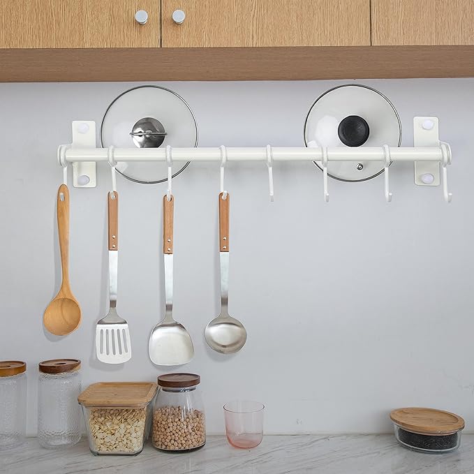 Dseap Pot Rack - Pots and Pans Hanging Rack Rail with 8 Hooks, Double Bars, Pot Hangers for Kitchen, Wall Mounted, White, 2 Packs