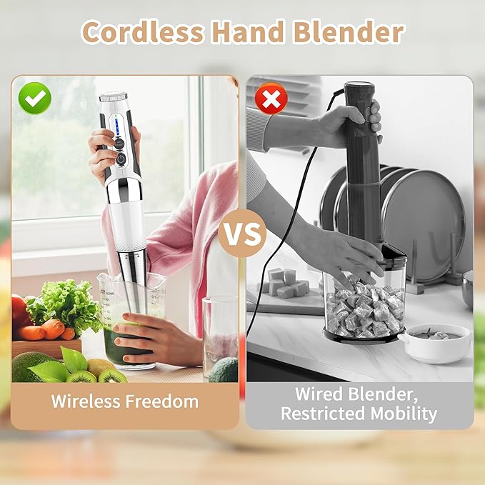 Toogel Cordless Immersion Blender, 3-in-1 Electric Hand Blender with 21-Speed & 3-Angle Adjust, USB Rechargeable, BPA-Free & Dishwasher Safe for Baby Food, Smoothies, Soup (White)