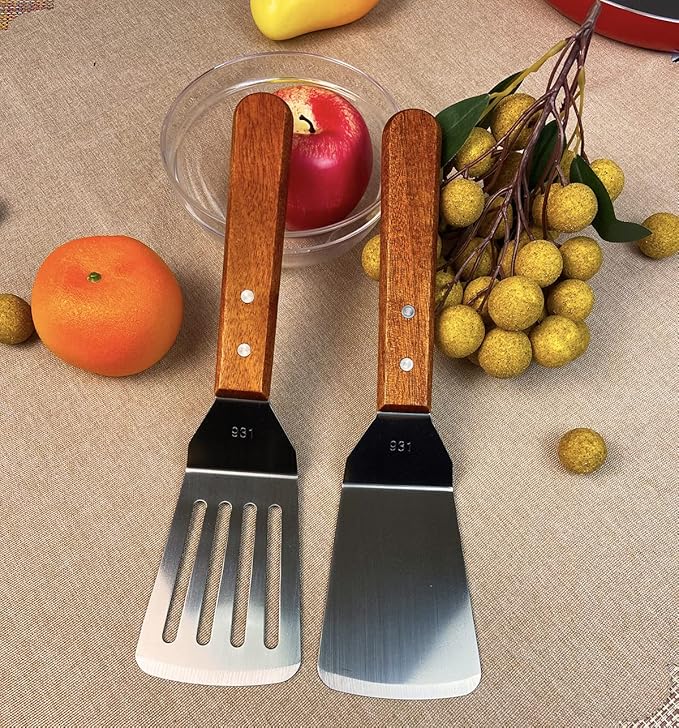 2Pcs Metal Spatulas Set, Metal Spatula for Cast Iron Skillet, Cooking Utensils Fish Egg Grill Spatula Stainless Steel Slotted Spatula, Wok Flat Top Small Metal Spatula Turner with Wood Handle