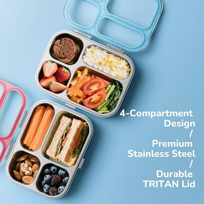 G.a HOMEFAVOR Kids Stainless Steel Lunch Box - 4-Compartment Bento Box with Locking Lid, One-Touch Latch, Leakproof Food Container for School, Travel, 800 ml, Blue