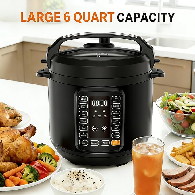 Simple Deluxe 6QT Electric Pressure Cooker, 16-in-1 & Non-Stick Stainless Steel Multi Cooker with 12 Presets for Slow Cook, Meat Stew, Steam, Sauté, Canning, Yogurt Maker, Dishwasher Safe, Black
