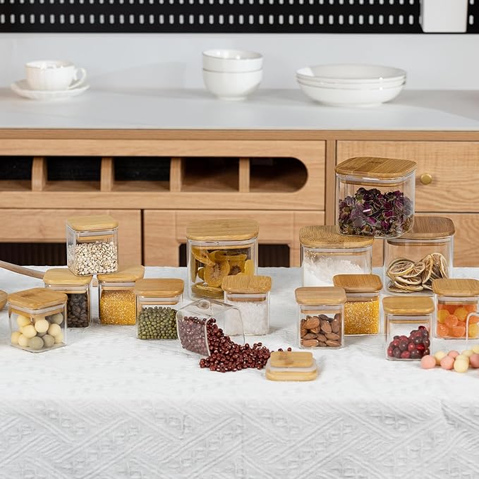 D2scrma 5oz Airtight Square Spice Containers with Bamboo Lid Set of 12 with Black Lables Storage Stackable Spice Jar, Kitchen Canister for Sugar, Tea, Flour, Salt and Seasonings (‎Clear Glass)