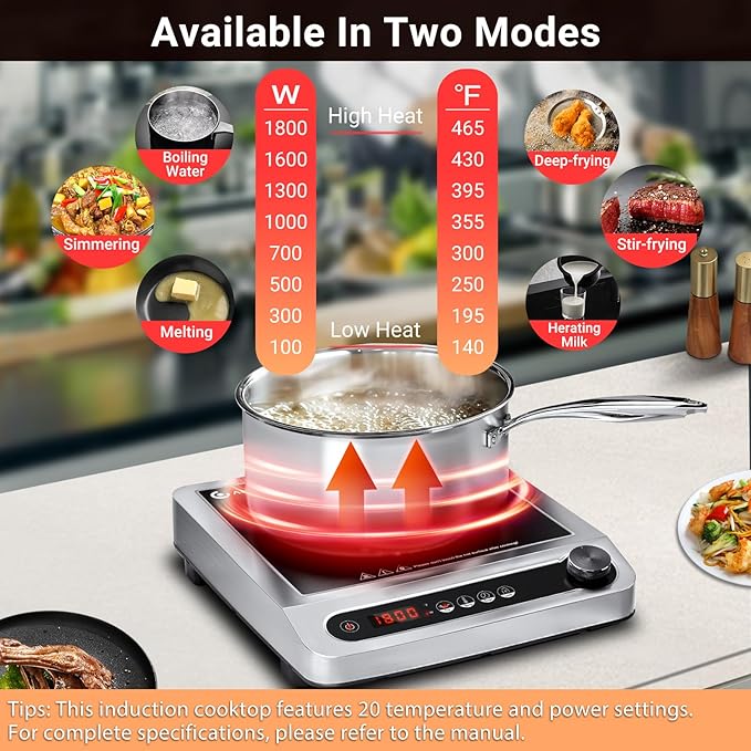 AMZCHEF Commercial Induction Cooktop, 1800W Countertop Burner with 18 Power&Temperature Setting, Double IGBT, Timer, Safety Function, Stainless steel Electric Hot Plate for Restaurant, Kitchen, Hotel