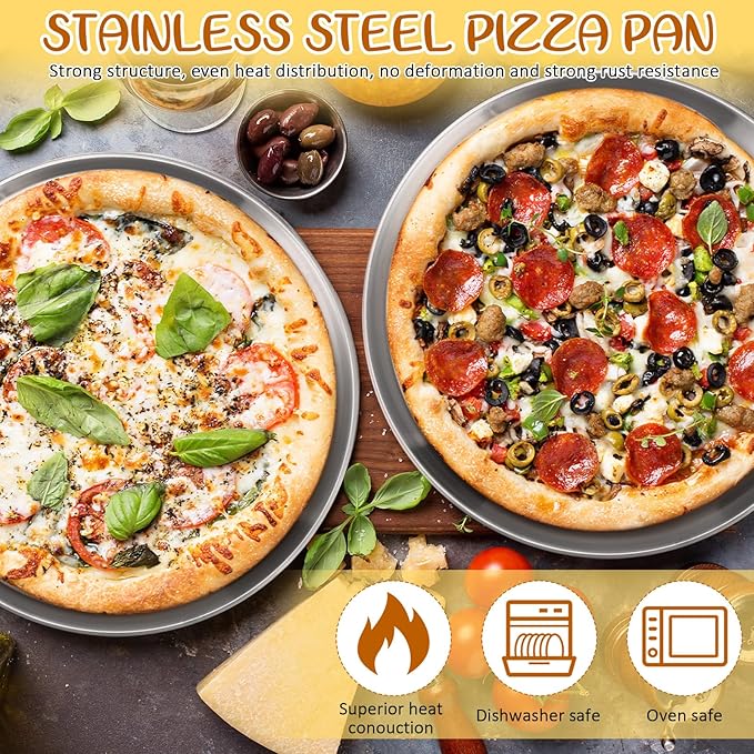 Teenyyou 7 Pcs Pizza Pan Riser Stands Sets Includes 1 Pcs Tiered Tray Stand 3 Stainless Steel Pizza Pan and 3 Wood Handle Knife for Home, Restaurant Party
